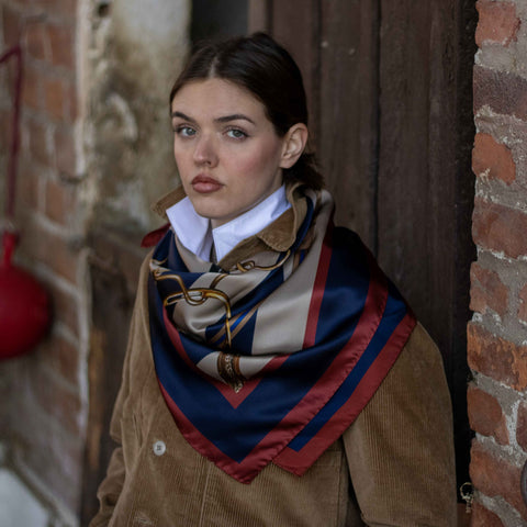 Foulard in Pura Seta con Stampa Sella e Righe Blu - 1020
