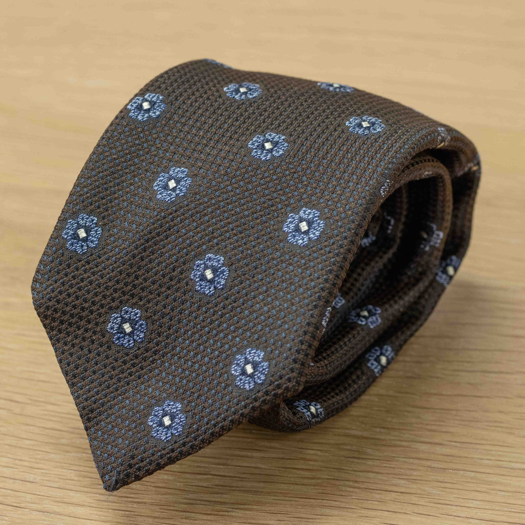 Cravatta Fiore classico Marrone  mélange in pura seta - 1091