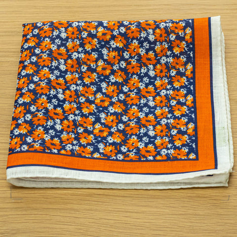 fazzoletto da taschino in puro lino stampato fiore arancione blu