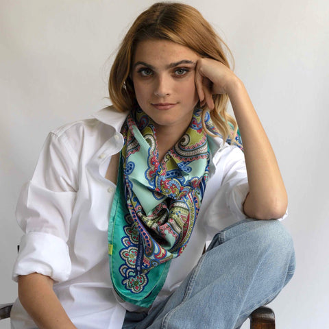 Foulard pura Seta Cm 90x90 stampa Paisley colore Acqua Cod 157