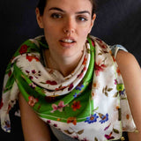 Foulard pura Seta cm 90x90 stampa fiorato cornice Verde Cod 295