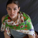 Foulard pura Seta cm 90x90 stampa fiorato cornice Verde Cod 295