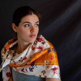 Foulard pura Seta cm 90x90 stampa fiorato cornice Arancione Cod 296