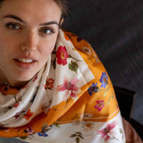 Foulard pura Seta cm 90x90 stampa fiorato cornice Arancione Cod 296