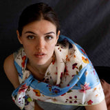 Foulard pura seta Cm 90x90 stampa fiorato cornice Azzurra Cod 297