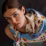Foulard pura seta Cm 90x90 stampa fiorato cornice Azzurra Cod 297