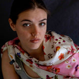 PURE SILK PRINTED FLORAL FRAME SCARF CM 90X90 COLOR PINK COD 298