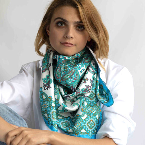 Foulard pura Seta cm 90x90 stampa Paisley colore Acqua -cod 300