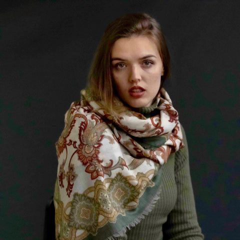 PURE WOOL PRINTED SHAWL COLOR OLIVE GREEN COD 373