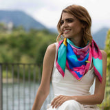 Foulard cm 90x90 Pura Seta disegno Fiore pop Verde e Blu Cod. 752