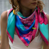 Foulard cm 90x90 Pura Seta disegno Fiore pop Verde e Blu Cod. 752