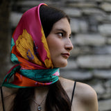 Foulard cm 90x90 Pura Seta disegno Fiore pop Rosa e Fuxia Cod. 753