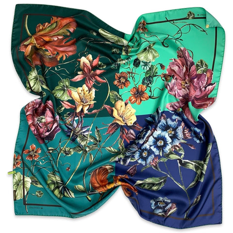 Foulard in pura Seta stampa fiore romantico colore blu e petrolio Cod 857