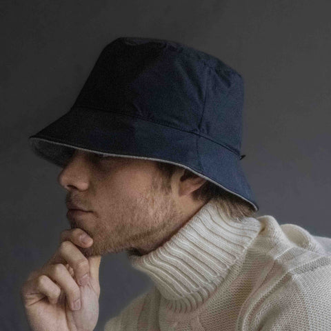 Cappellino Bucket Uomo doppia faccia: impermeabile e Cashmere colore blu navy  Cod 864-865