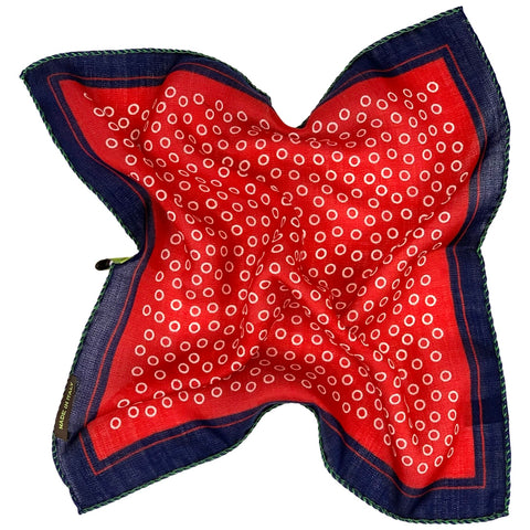PURE WOOL PRINTED POCKET SQUARE, RING DESIGN, COLOR RED AND NAVY COD 413