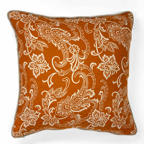 Cuscino in lino cotone stampato disegno paisley sottile arancio Cod 505